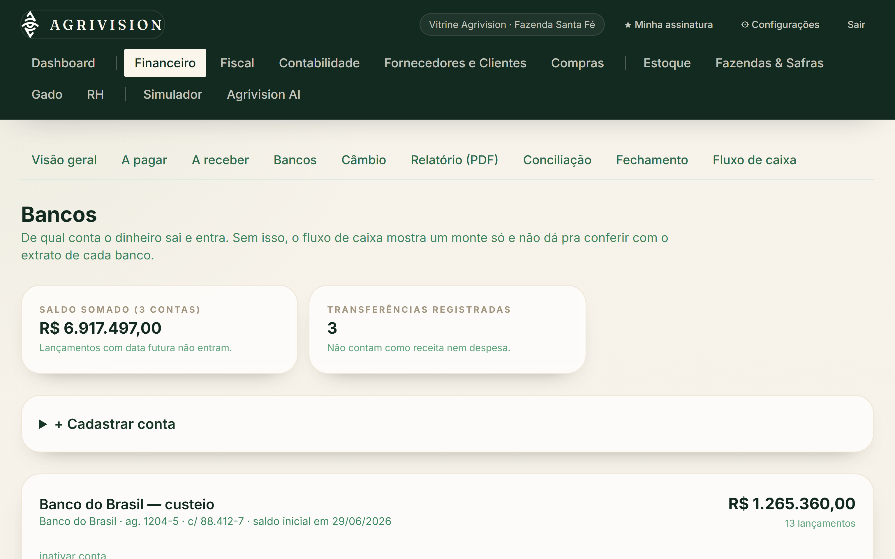 Tela de Bancos do Agrivision
